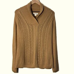 Coldwater Creek Tan Shawl Collar Cable Knit Sweater Women’s 10/12 Tan Ribbed Hem